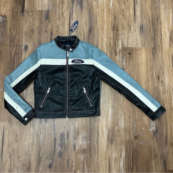 FORDXForever21 Blue Gray, White & Black Striped Faux Leather Moto Racing Jacket - Picture 9 of 11